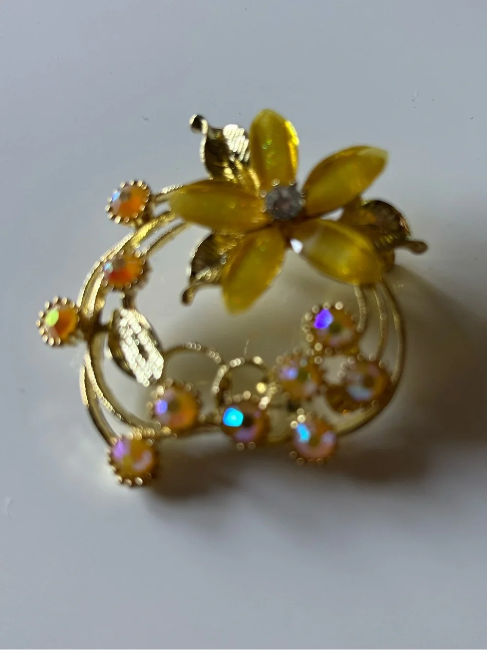 2 Gold Tone Floral Brooch Lot Amber Enamel AB Rhinestone Flower Pins